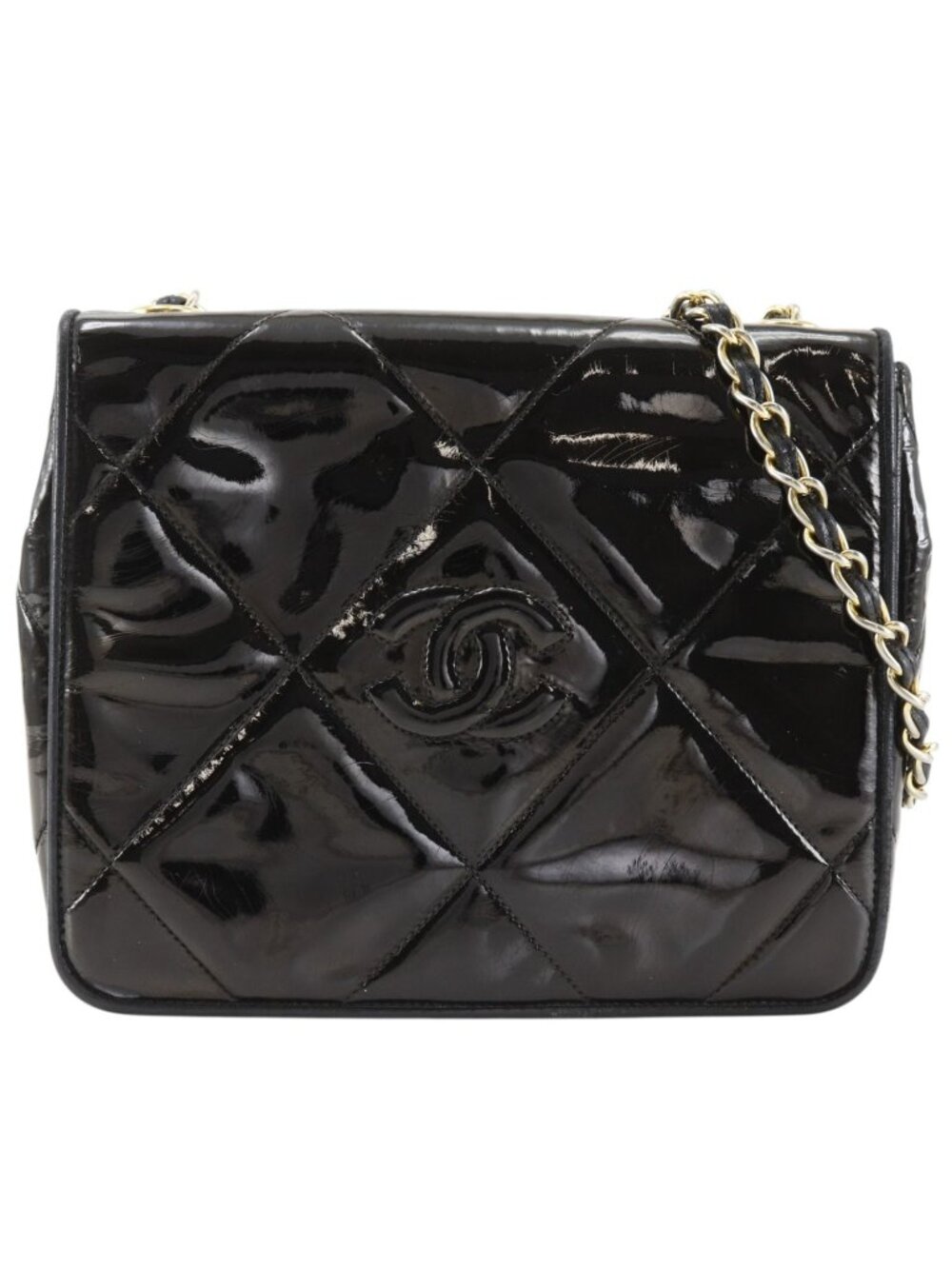 Chanel Chain Shoulder Bag Quilted Vintage Patent Leather Black